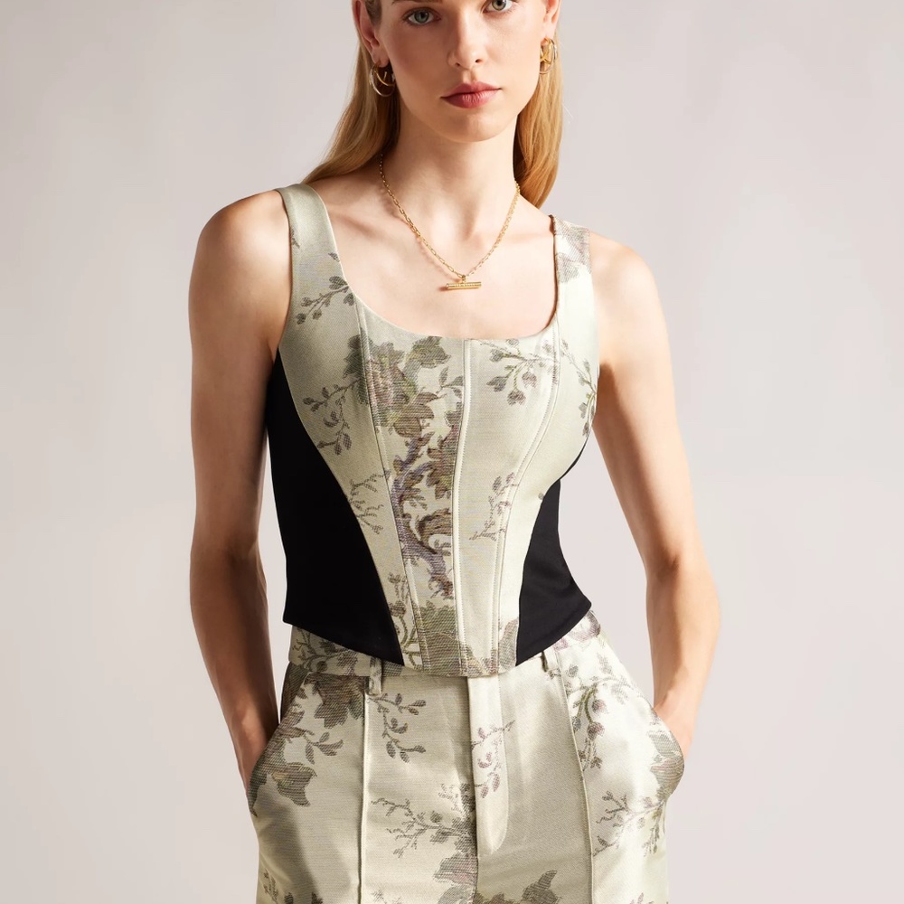 Ted Baker Scoop Neck Panelled Floral Print Corset Crop Top, Camel/Multi